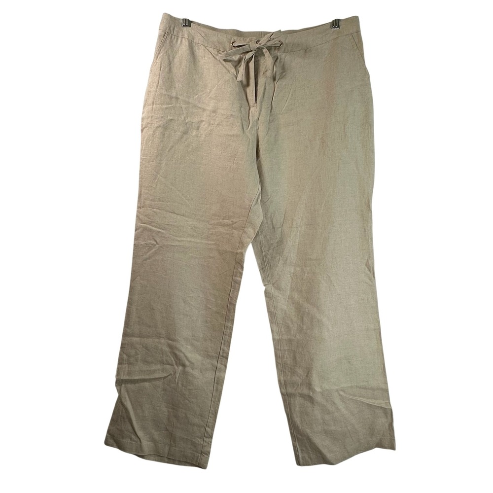 Charter Club Luxury Linen Pants Womens 0X Beige Wide Leg Drawstring High Rise